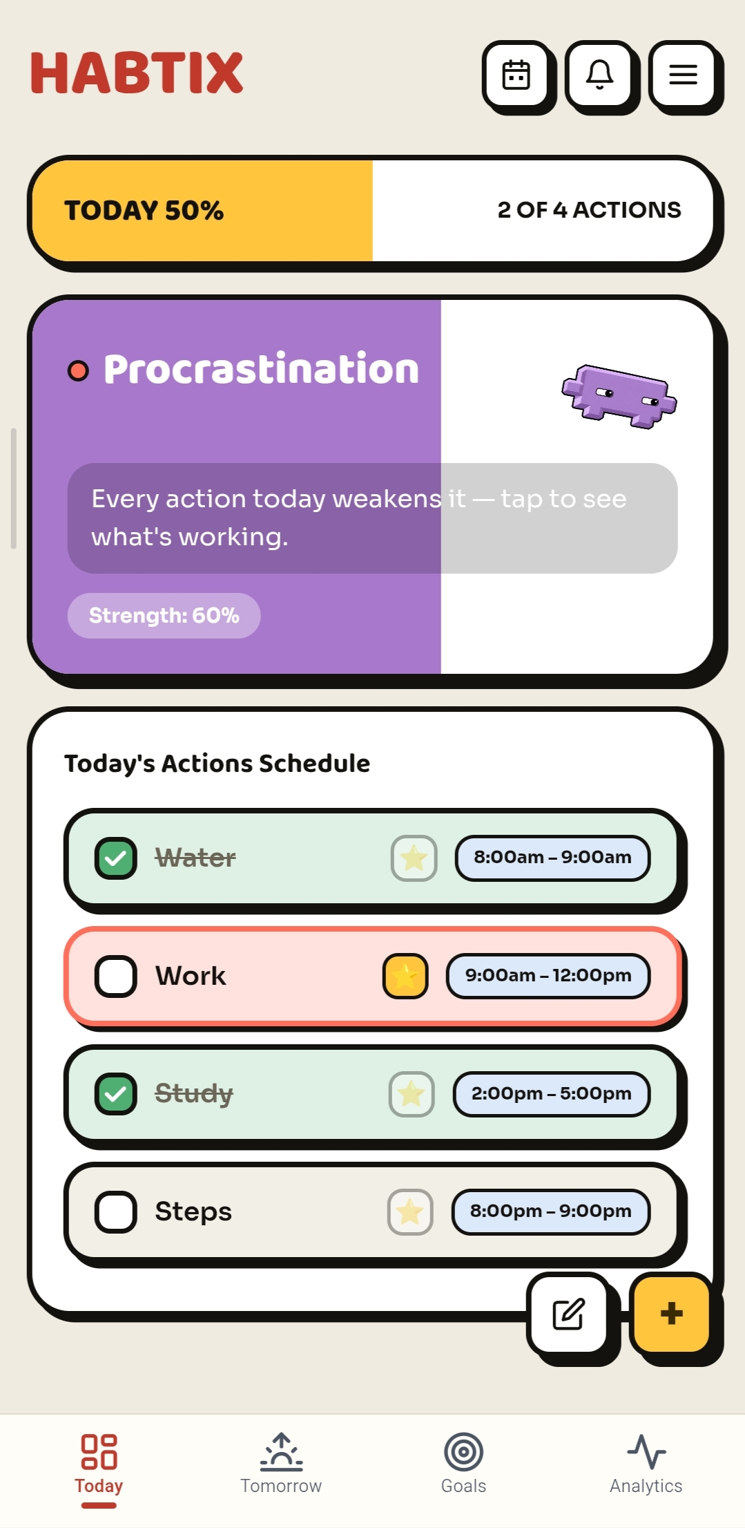 Habtix Today screen — TODAY 60%, 3 of 5 actions, Procrastination obstacle card, action schedule