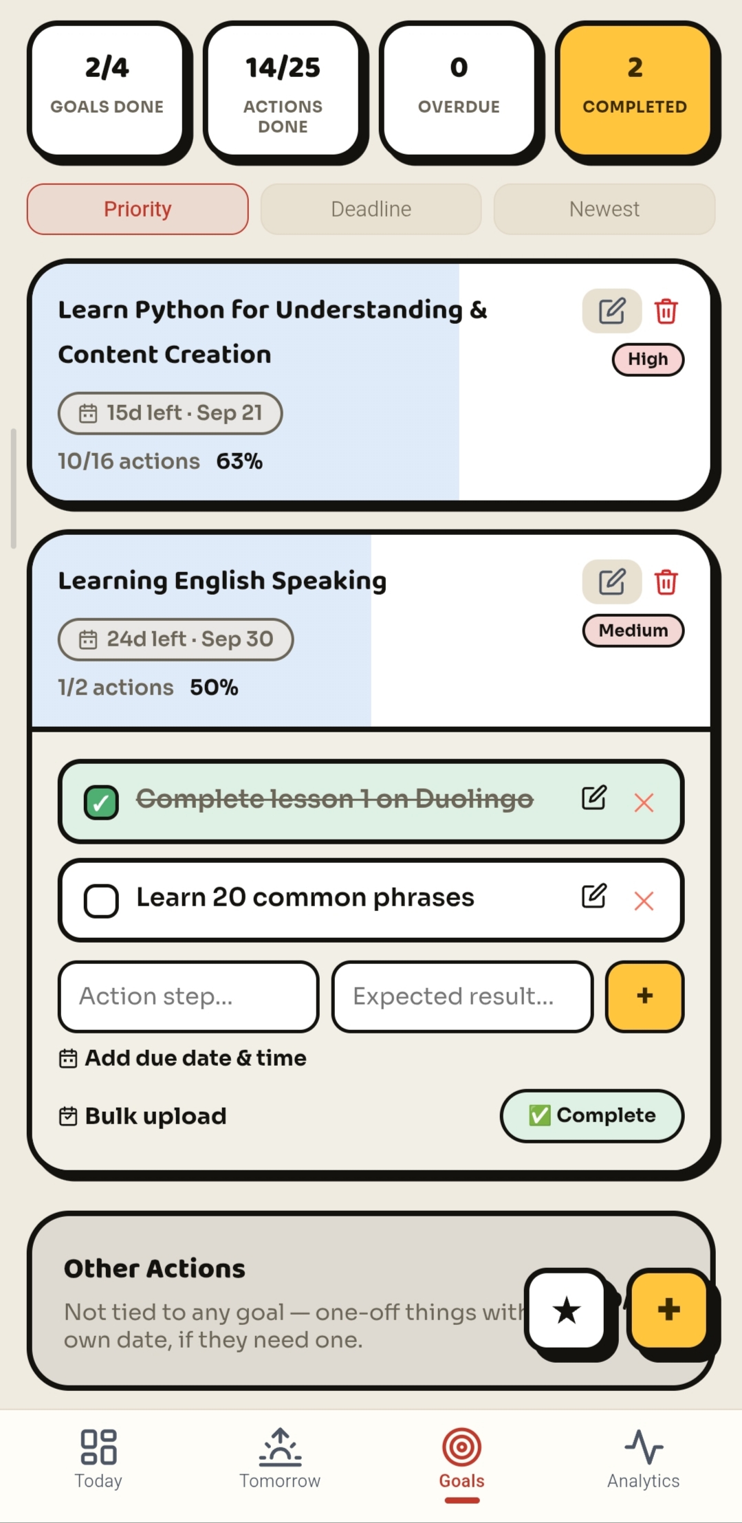 Goals screen — a goal expanded to show its Goal Actions, plus the Other Actions capsule