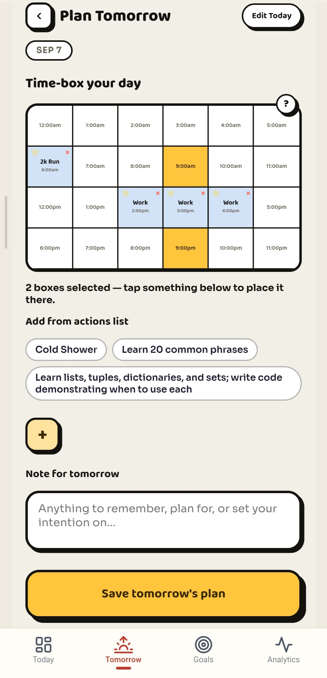 Plan Tomorrow screen — 24-hour time-boxing grid with actions placed